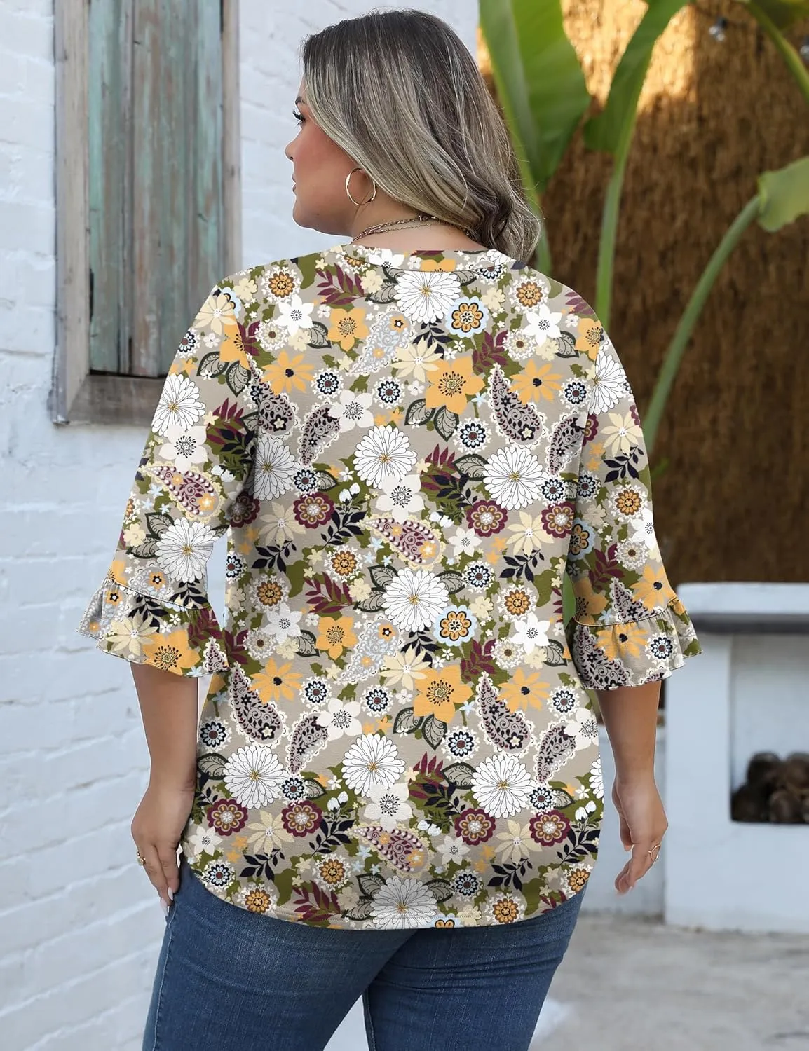 IECCP Womens Plus Size Tops 3/4 Length Sleeve Shirts Casual V-Neck Ruffle Sleeve Textured Tunic Blouse (1X-5X)