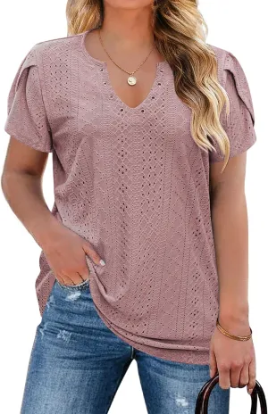IN'VOLAND Womens Plus Size Summer Tops Casual Country V Neck Hollow Tee Shirts Petal Sleeve Fashion Loose Blouse 2024