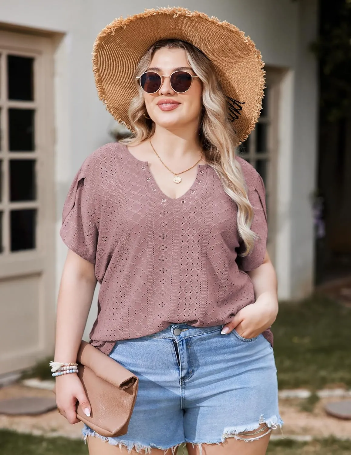 IN'VOLAND Womens Plus Size Summer Tops Casual Country V Neck Hollow Tee Shirts Petal Sleeve Fashion Loose Blouse 2024