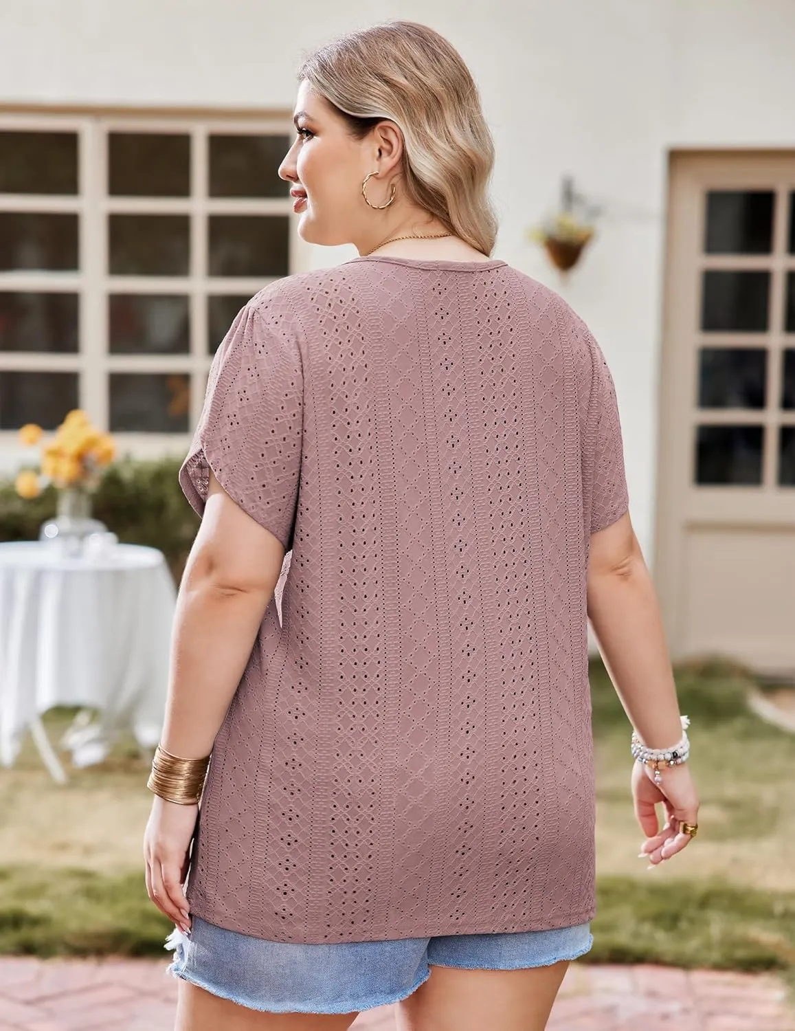 IN'VOLAND Womens Plus Size Summer Tops Casual Country V Neck Hollow Tee Shirts Petal Sleeve Fashion Loose Blouse 2024