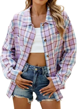 Jackets for Women Plaid Shacket Flannel Shirt Women Fashion Casual Plaid Shackets Button Down Long Sleeve Shirts