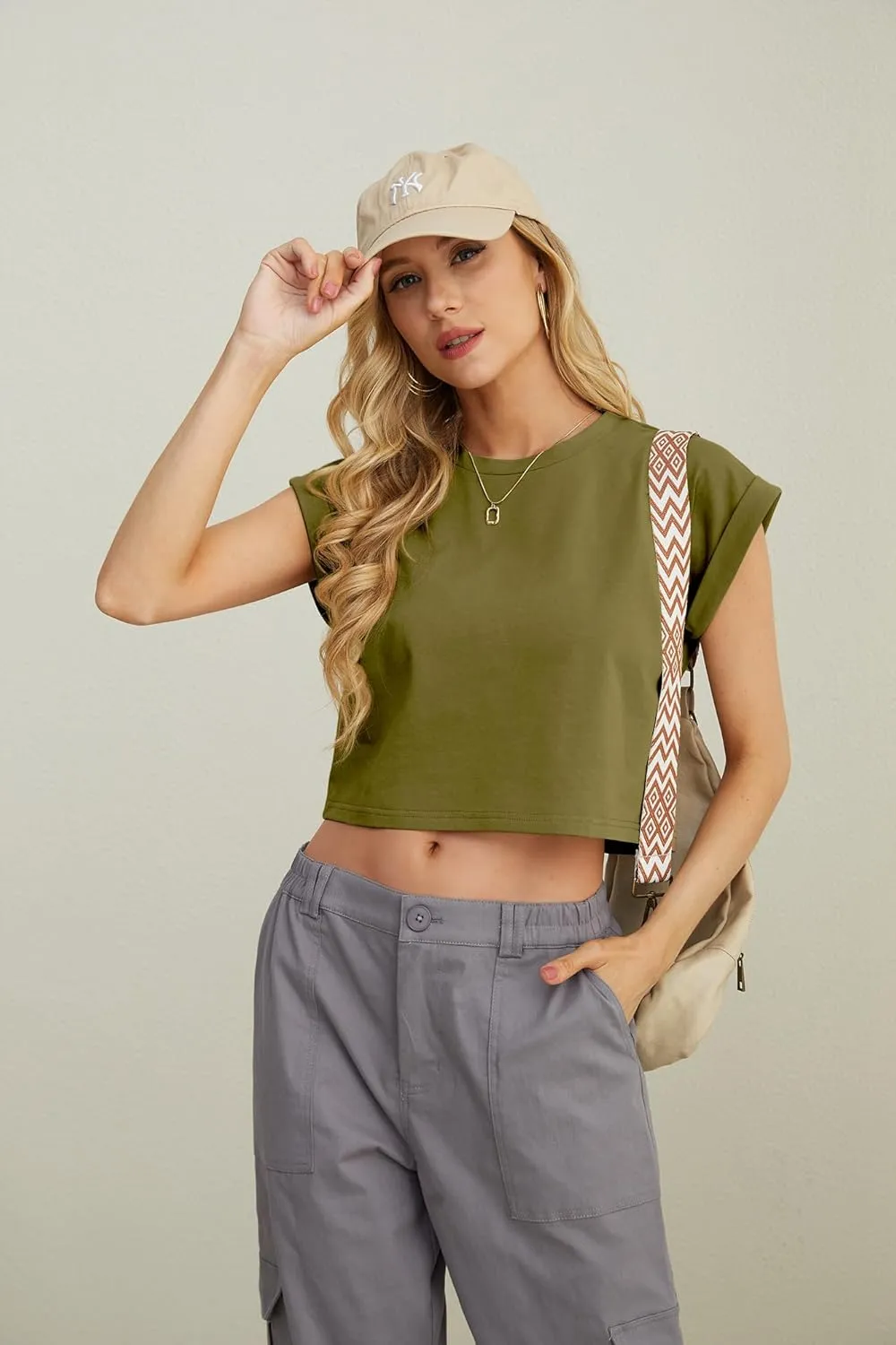 JINKESI Womens Summer Crewneck Crop Tops Causal T-Shirts Rolled Short Sleeve Basic Tees