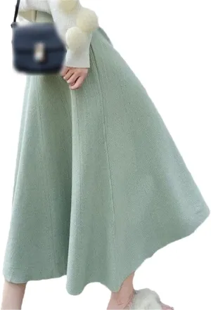 KEHAIOO Winter Autumn Women Knitted Pleated Midi Skirts, Ladies Solid Warm High Waist A-Line Skirt, Female Elegant A-Line