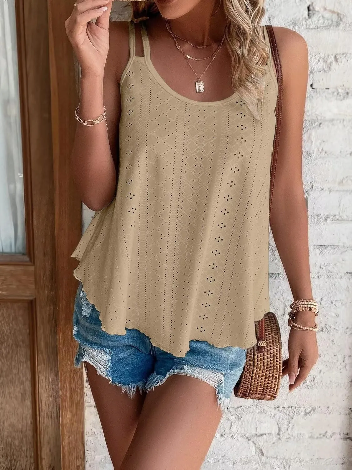 KKJ Womens Cute Tank Tops Eyelet Sleeveless Spaghetti Strap Scoop Neck Loose Casual 2025 Summer Beach Vacation Flowy Shirts