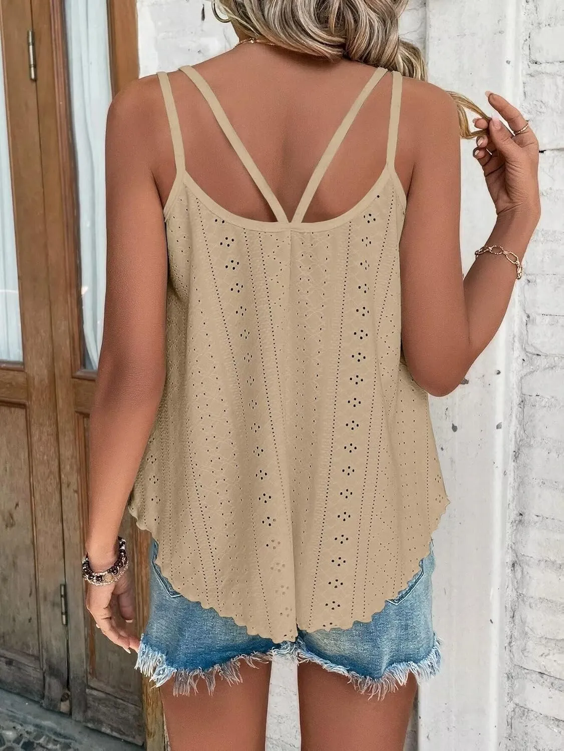 KKJ Womens Cute Tank Tops Eyelet Sleeveless Spaghetti Strap Scoop Neck Loose Casual 2025 Summer Beach Vacation Flowy Shirts