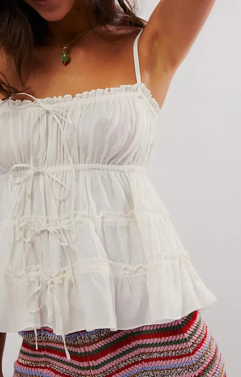 KMBANGI Women Y2k Tie Up Camisole Sleeveless Open Front Tie Babydoll Crop Top Spaghetti Strap Smocked Tiered Tank Tops