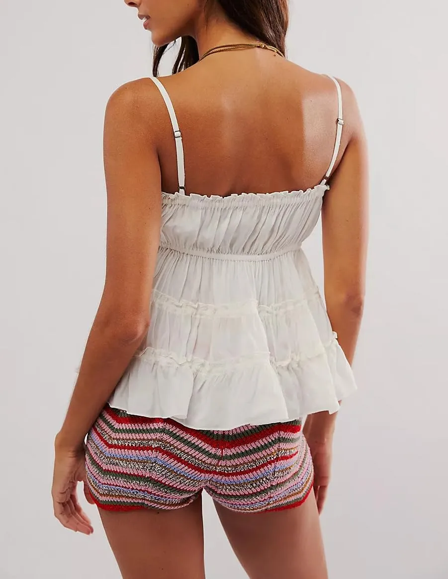 KMBANGI Women Y2k Tie Up Camisole Sleeveless Open Front Tie Babydoll Crop Top Spaghetti Strap Smocked Tiered Tank Tops