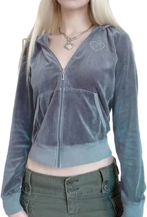 KMBANGI Zip Up Crop Hoodies for Women Vintage Velvet Hooded Pullover Y2k Slim Fit Sweatshirt Jacket with Pockets
