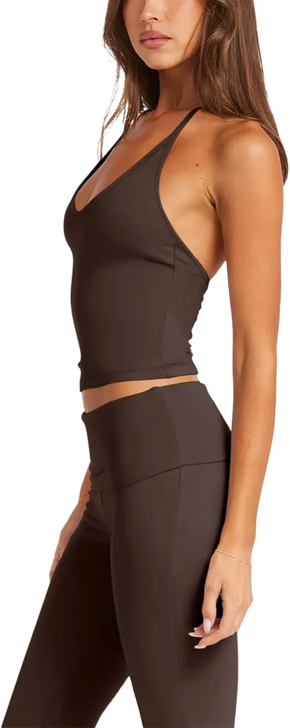 LASLULU Womens Sleeveless Halter Neck Workout Tops Adjustable Tie Camisole Backless Casual Basic Cami Gym Yoga Tank Tops