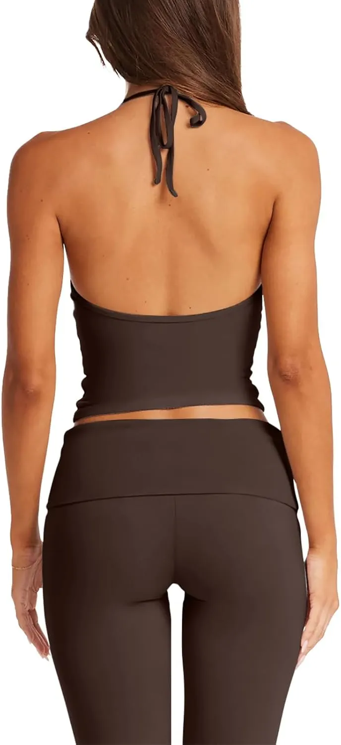 LASLULU Womens Sleeveless Halter Neck Workout Tops Adjustable Tie Camisole Backless Casual Basic Cami Gym Yoga Tank Tops