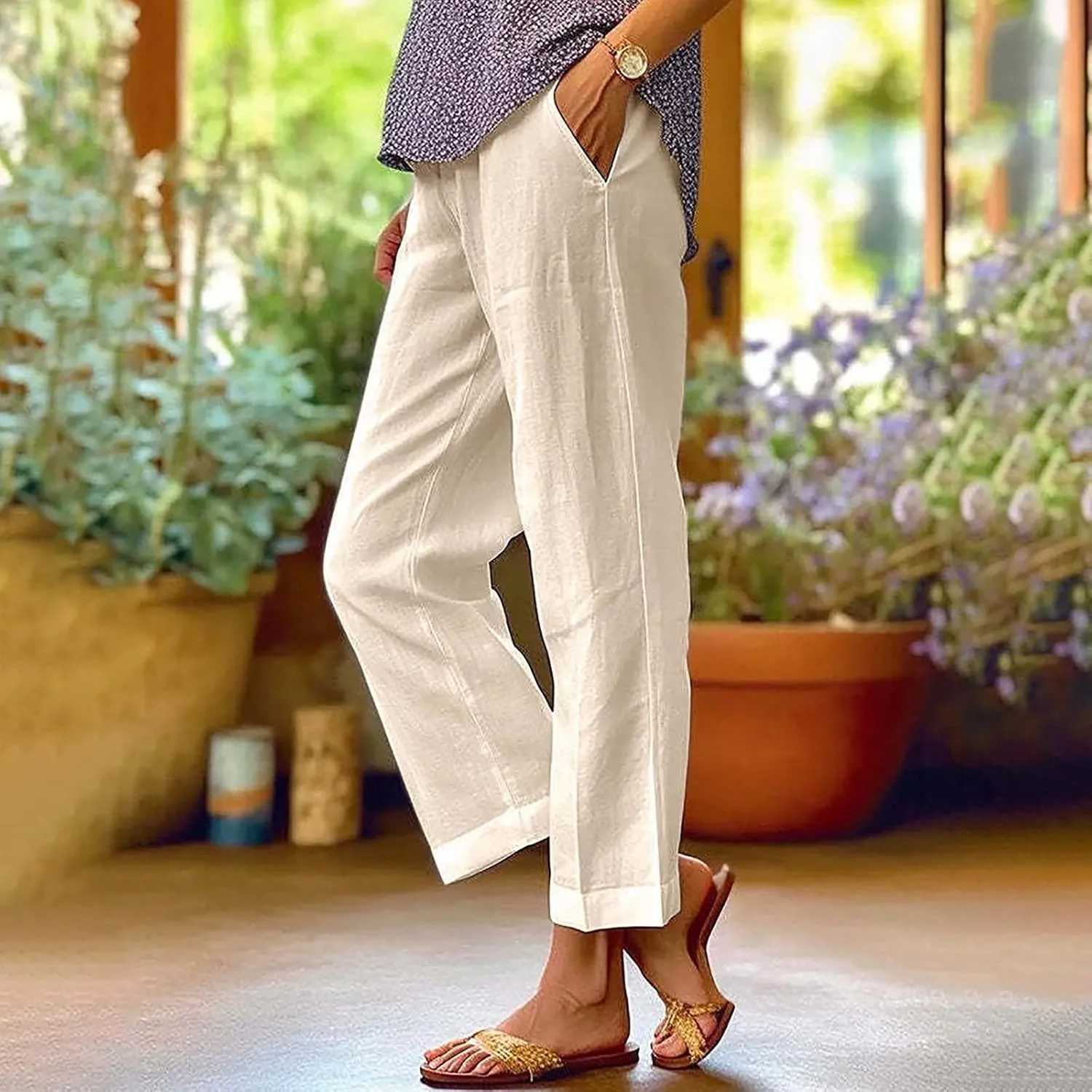 LCMTWX Beach Pants for Women Solid Elastic Pants Long Drawstring Linen Women Waist Cotton Casual Pants with Pockets Womens