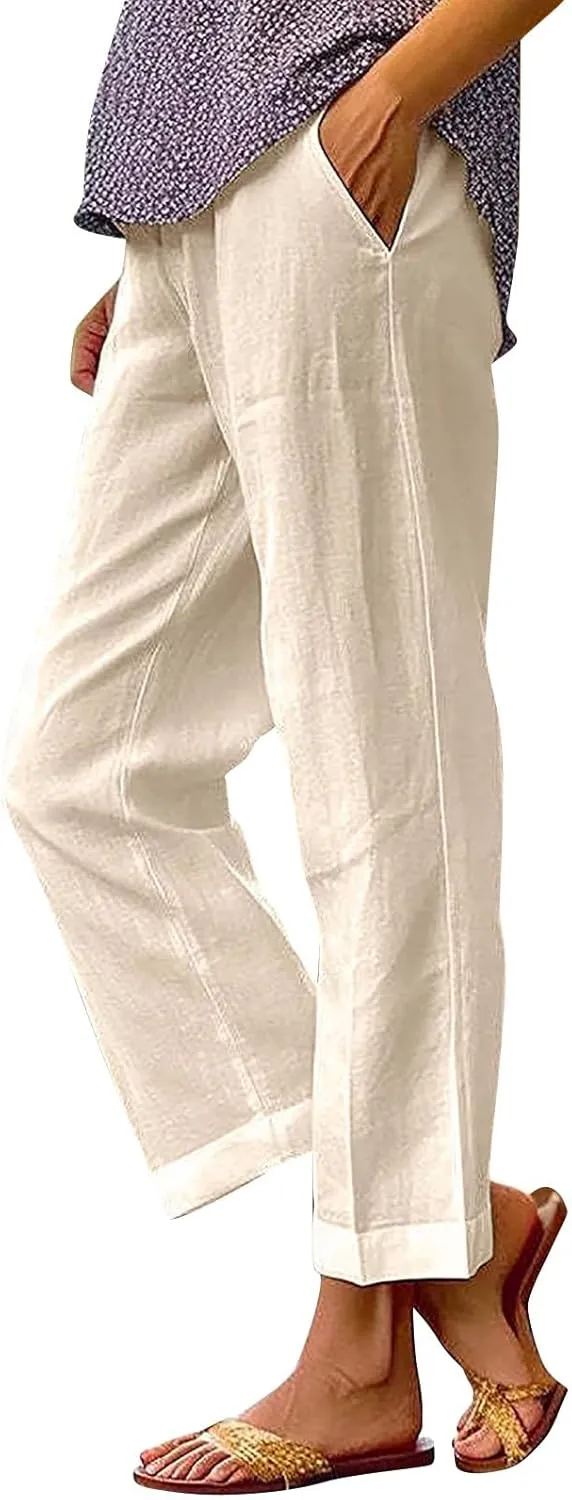 LCMTWX Beach Pants for Women Solid Elastic Pants Long Drawstring Linen Women Waist Cotton Casual Pants with Pockets Womens