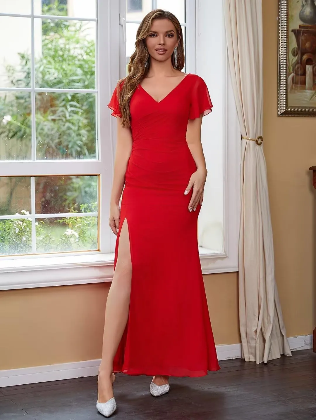 Leeskoot Women Short Sleeve Bridesmaid Dresses for Wedding A Line V Neck Long Chiffon Formal Evening Prom Gown with Slit