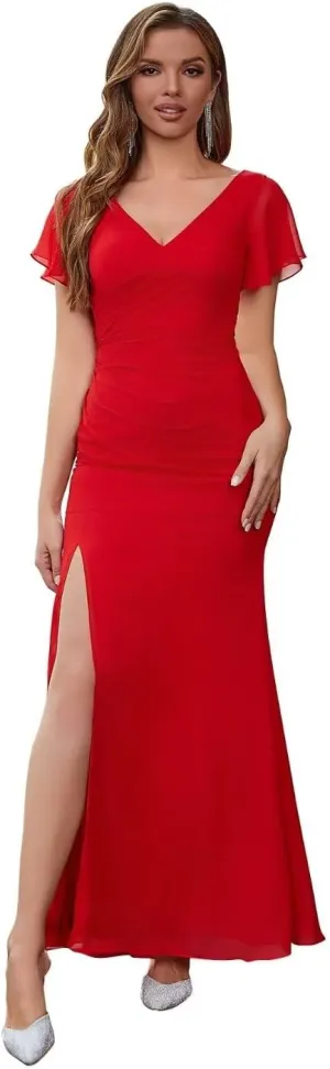 Leeskoot Women Short Sleeve Bridesmaid Dresses for Wedding A Line V Neck Long Chiffon Formal Evening Prom Gown with Slit