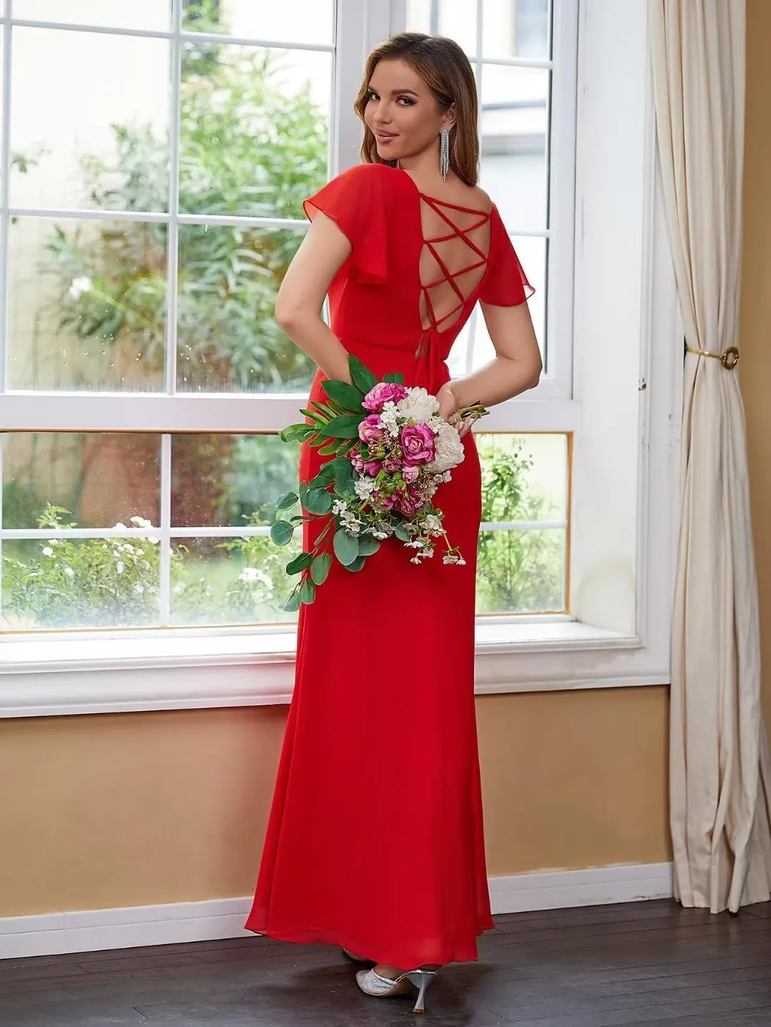 Leeskoot Women Short Sleeve Bridesmaid Dresses for Wedding A Line V Neck Long Chiffon Formal Evening Prom Gown with Slit