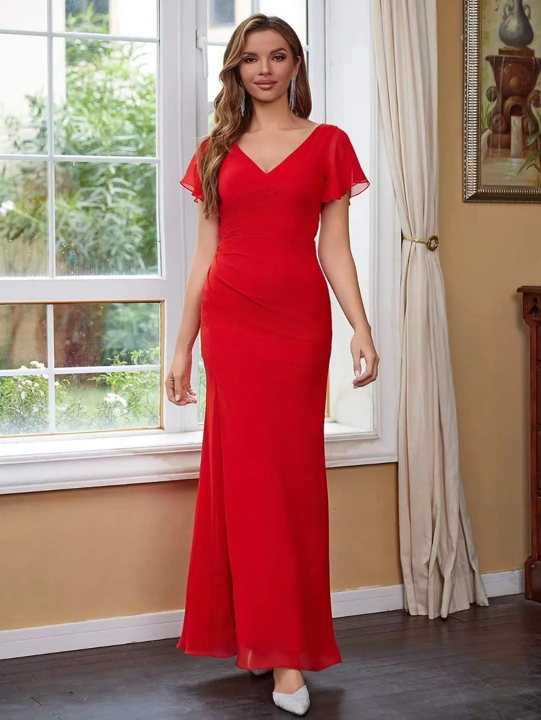 Leeskoot Women Short Sleeve Bridesmaid Dresses for Wedding A Line V Neck Long Chiffon Formal Evening Prom Gown with Slit