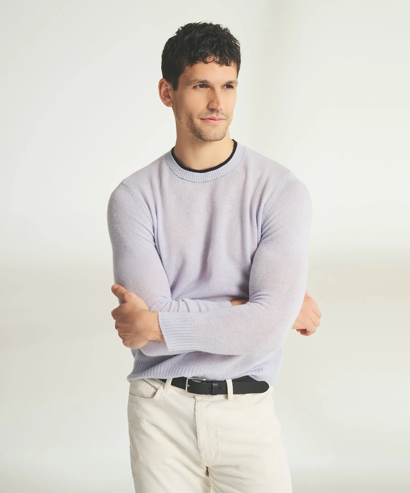 Lightweight Cashmere Contrast Trim Crewneck Sweater