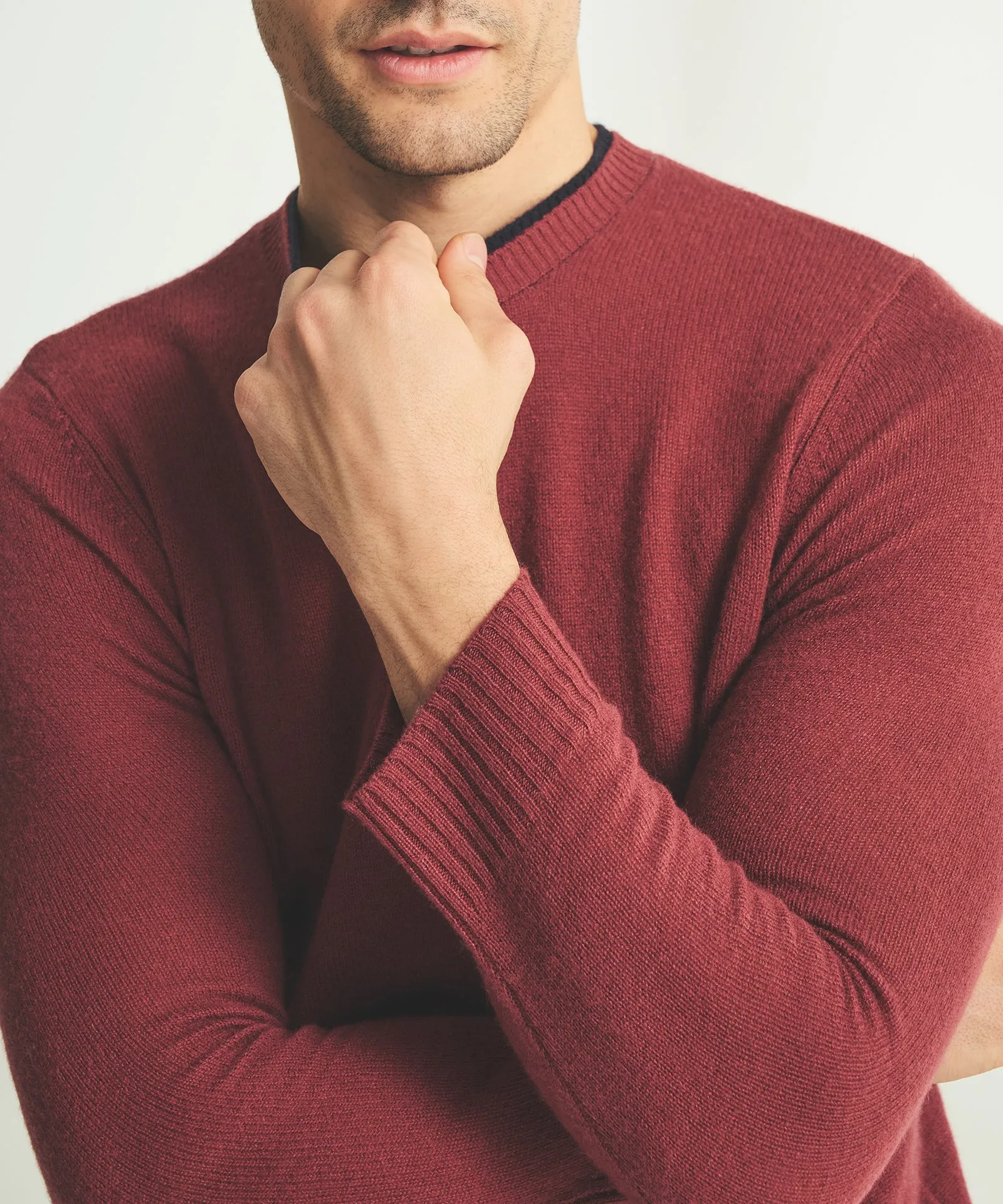 Lightweight Cashmere Contrast Trim Crewneck Sweater
