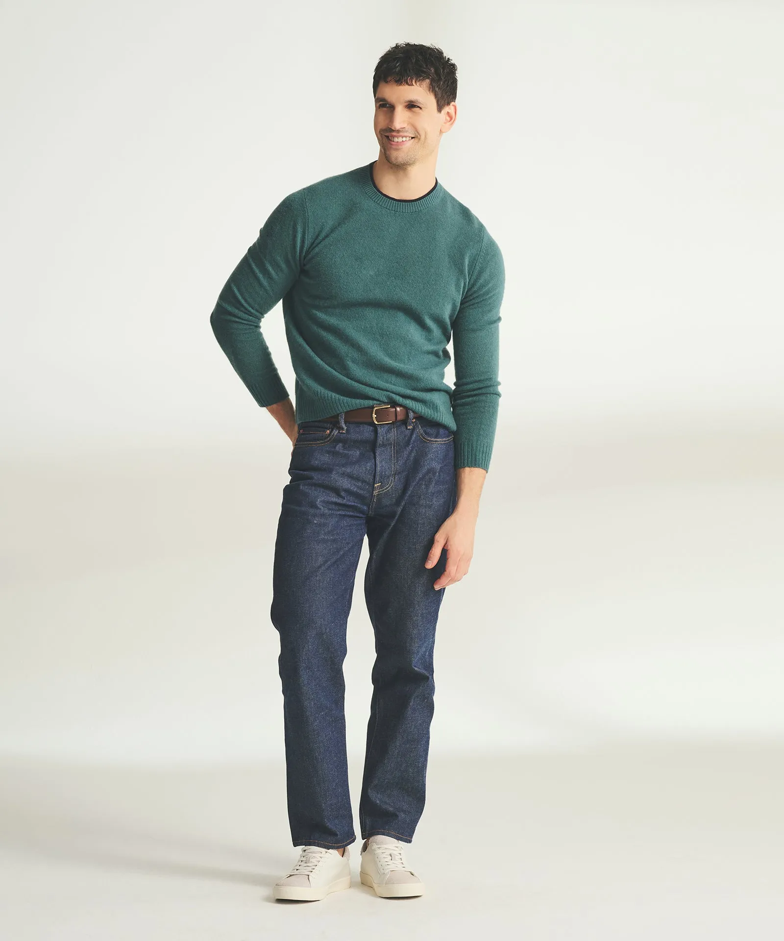 Lightweight Cashmere Contrast Trim Crewneck Sweater