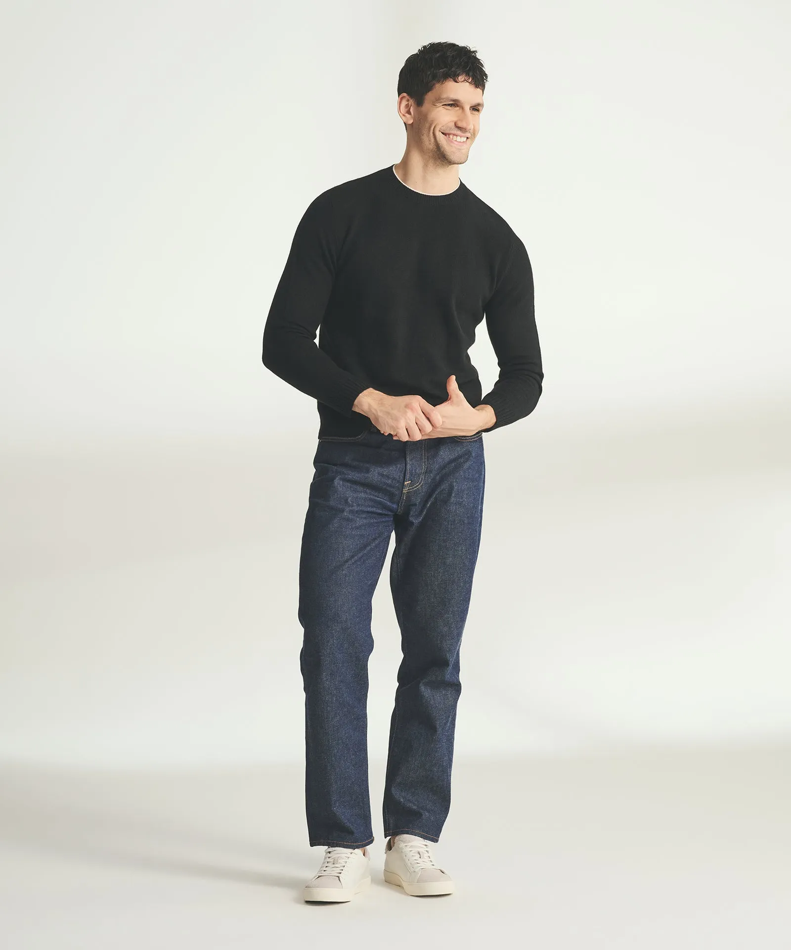Lightweight Cashmere Contrast Trim Crewneck Sweater