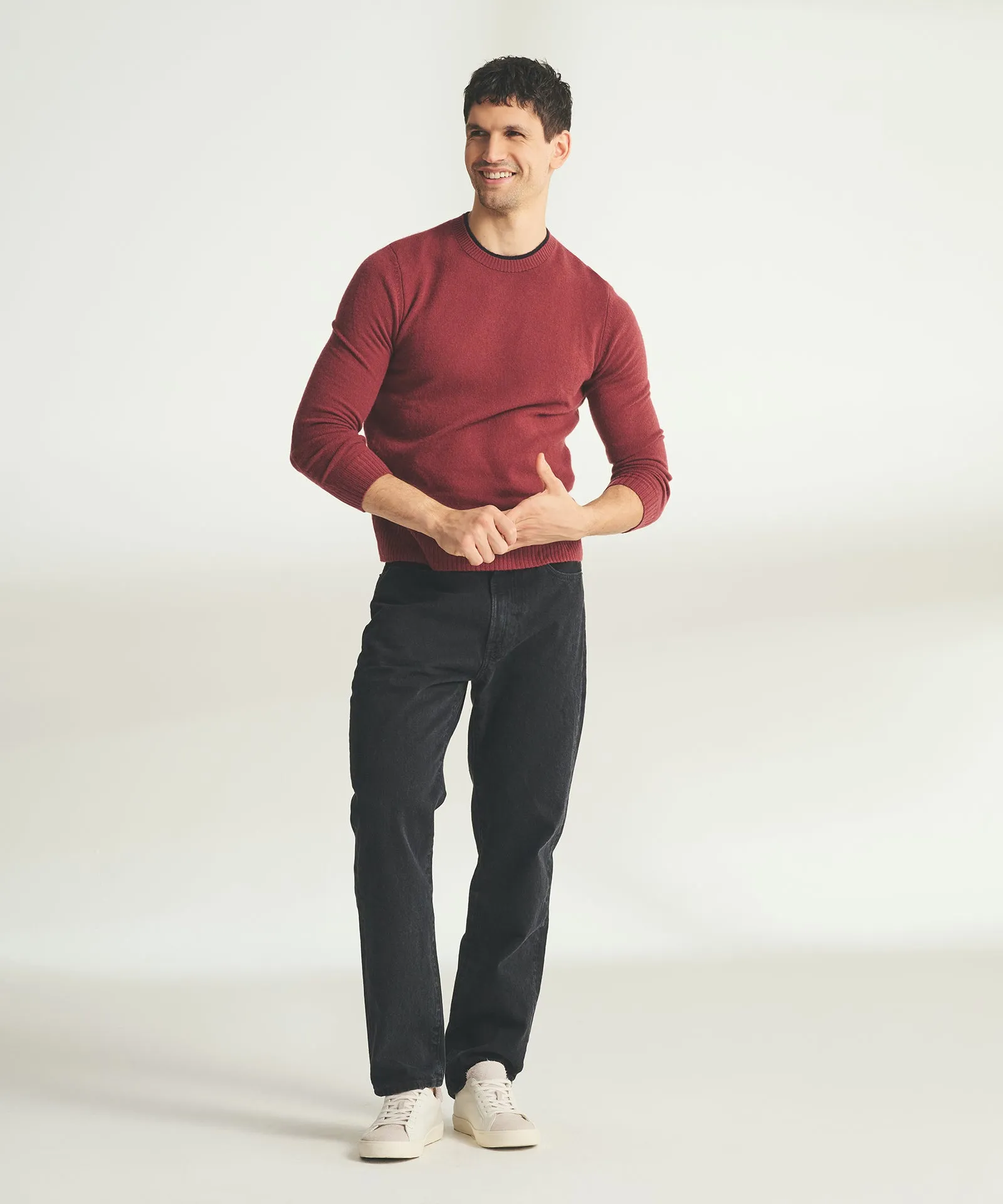 Lightweight Cashmere Contrast Trim Crewneck Sweater