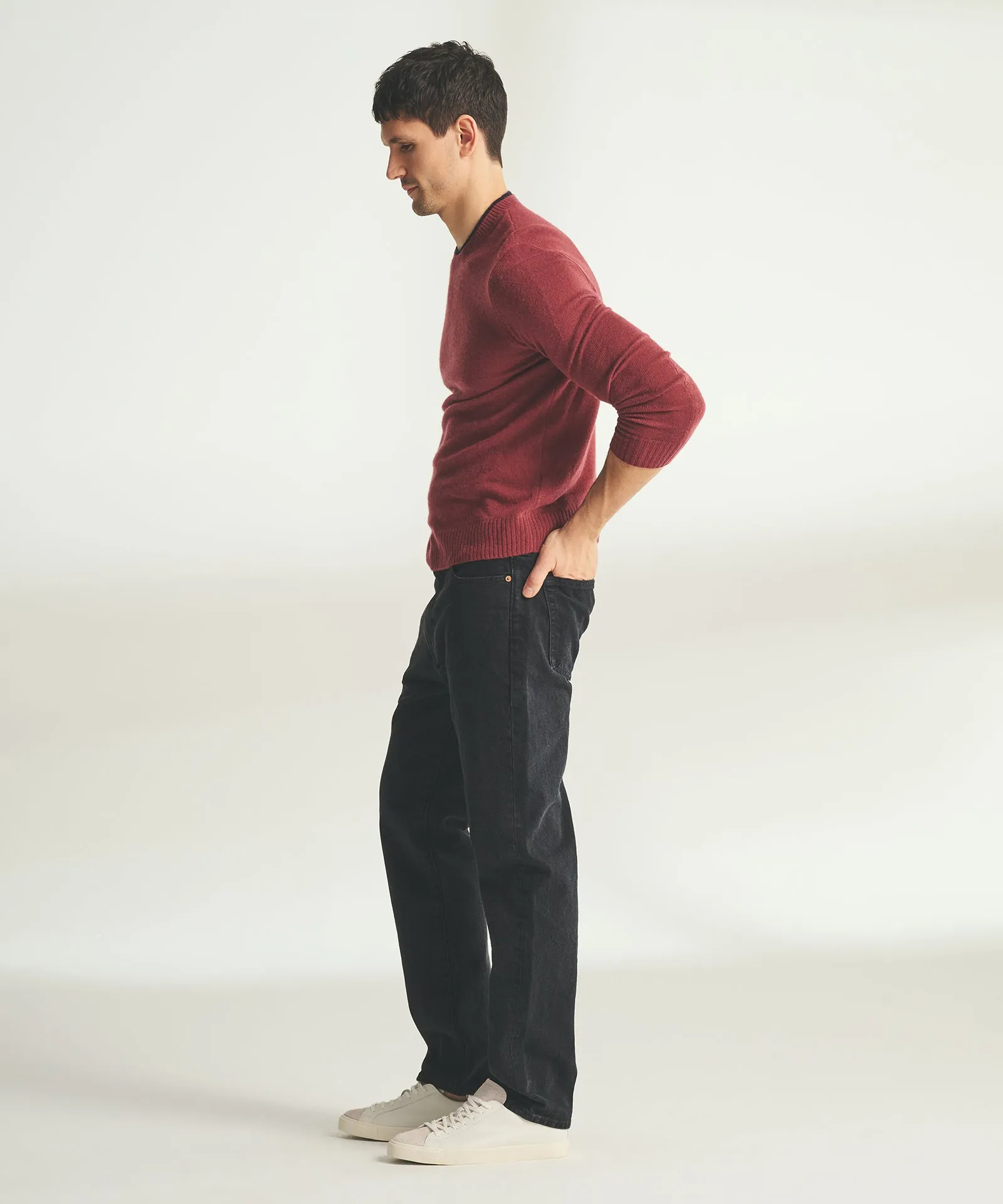 Lightweight Cashmere Contrast Trim Crewneck Sweater