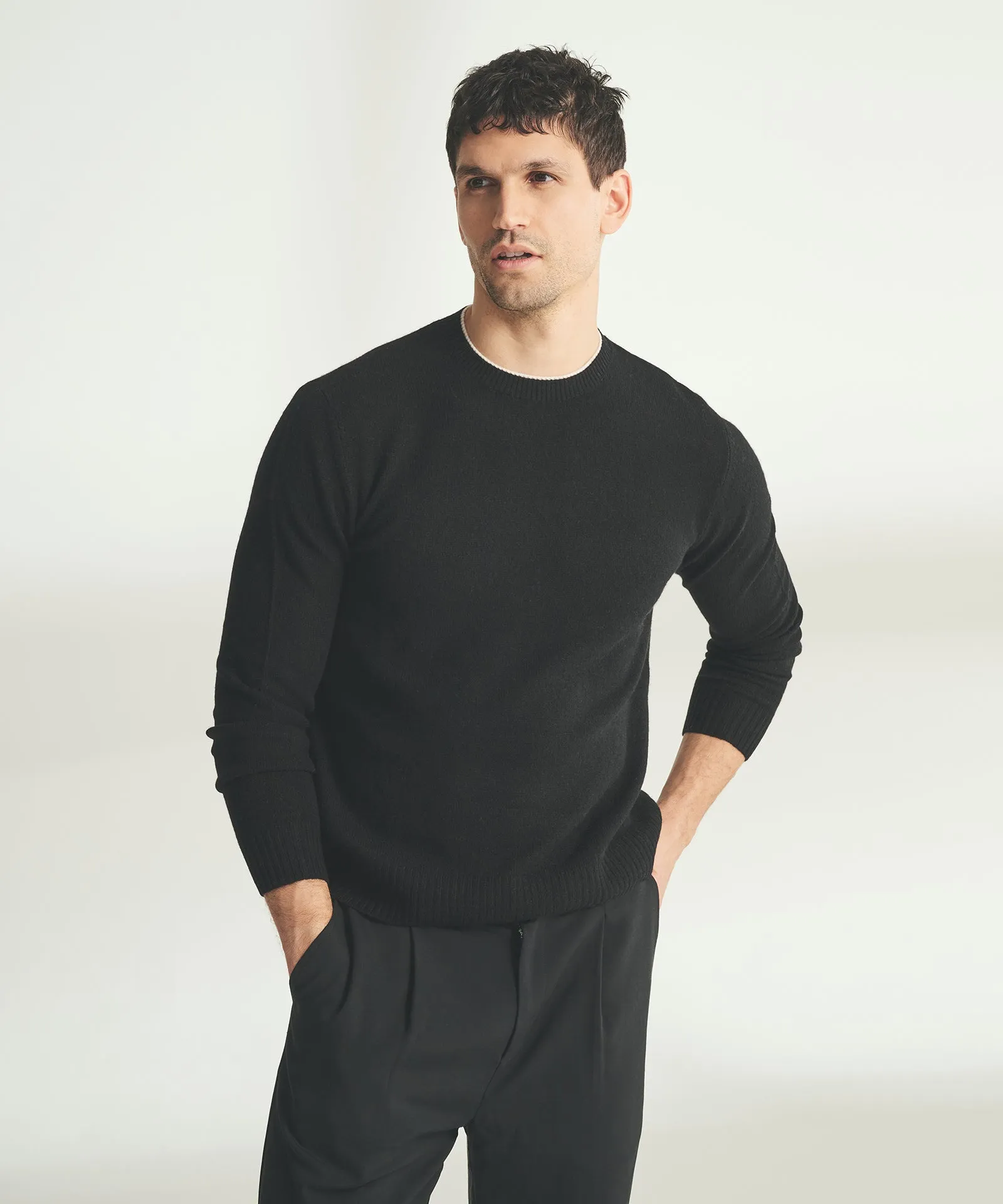 Lightweight Cashmere Contrast Trim Crewneck Sweater