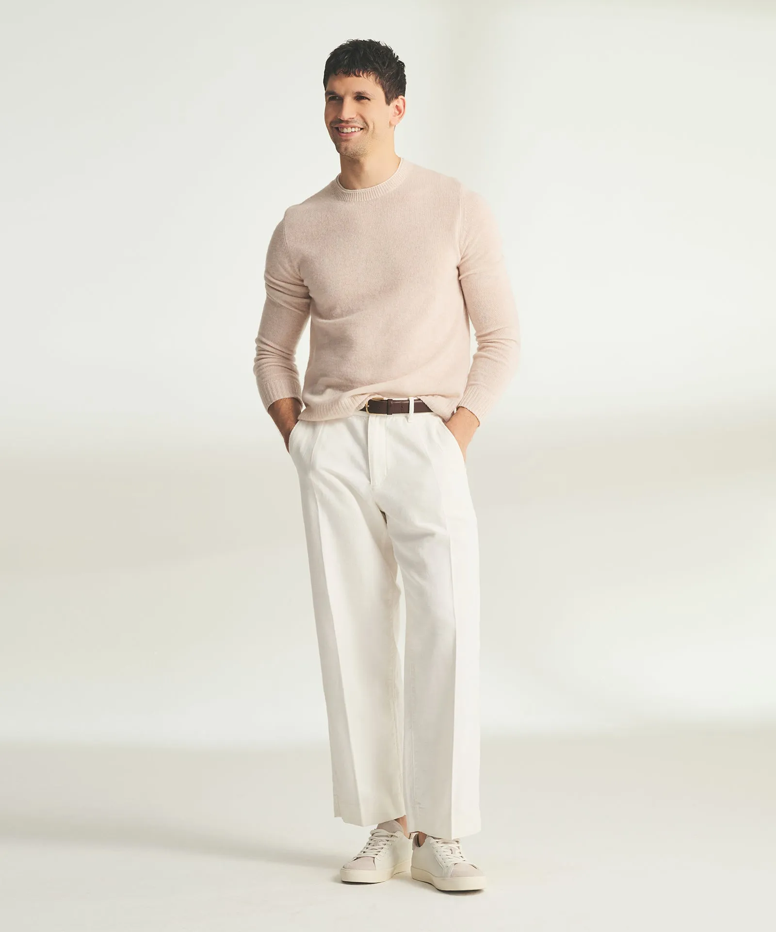 Lightweight Cashmere Contrast Trim Crewneck Sweater