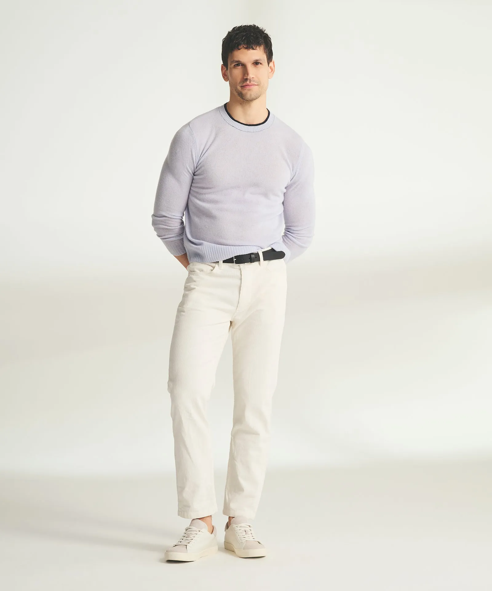 Lightweight Cashmere Contrast Trim Crewneck Sweater