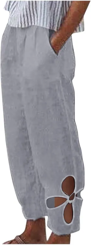 Linen Capri Pants for Women 2024 High Waisted Pants Summer Casual Loose Wide Leg Trousers Cropped Pants with Pockets