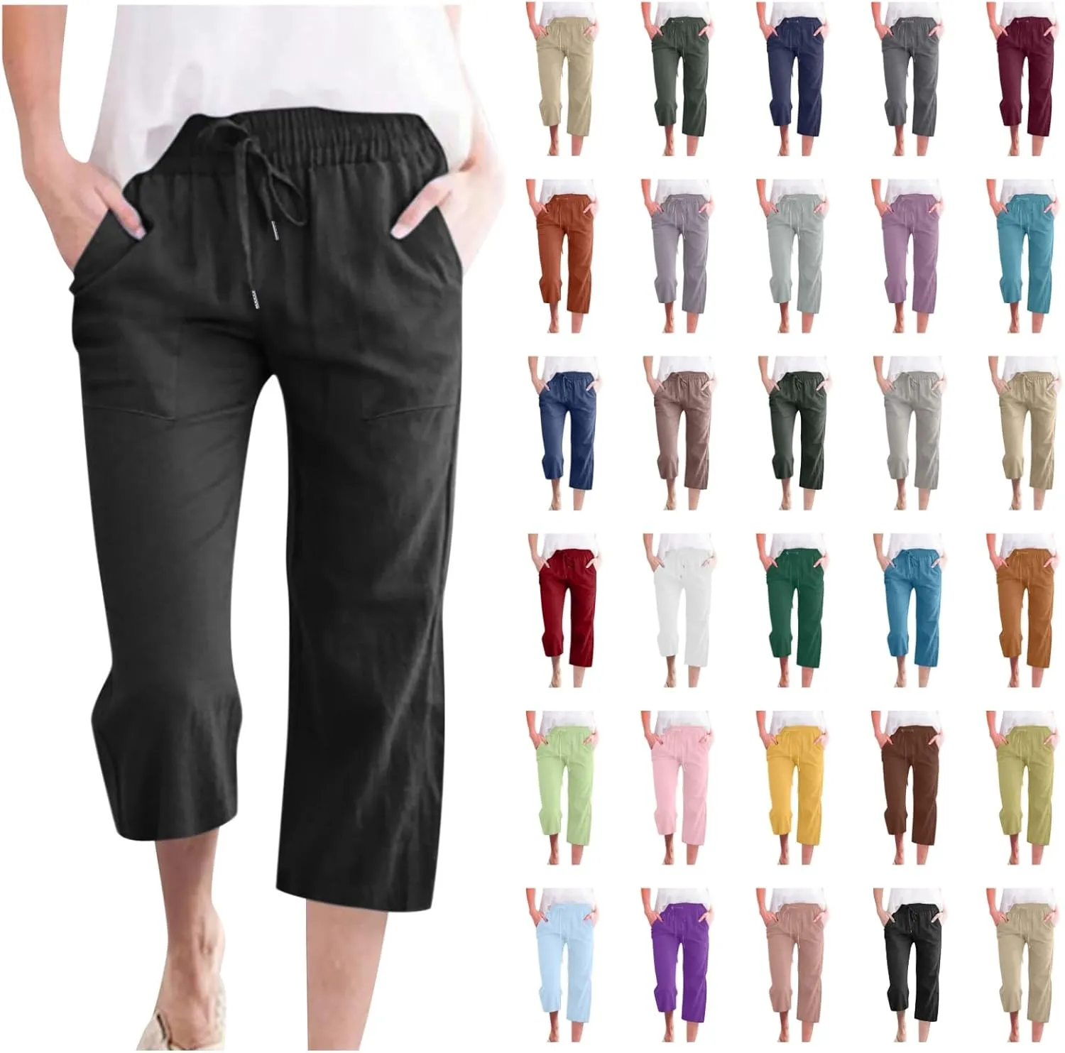 Linen Capri Pants for Women 2025 Summer Casual Drawstring Elastic Trouser Plus Size Lounge Cozy Cropped Capris Pocket