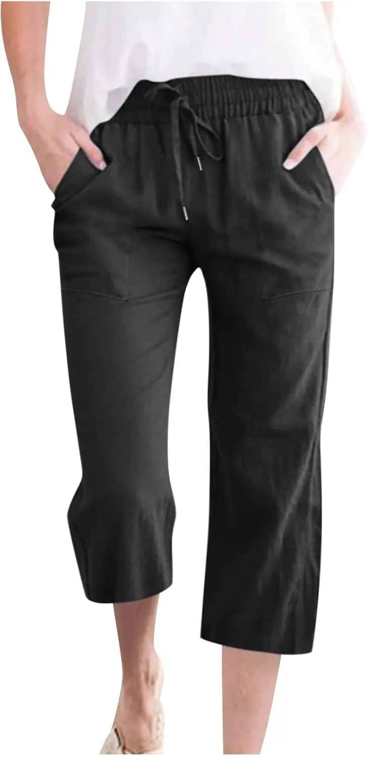 Linen Capri Pants for Women 2025 Summer Casual Drawstring Elastic Trouser Plus Size Lounge Cozy Cropped Capris Pocket