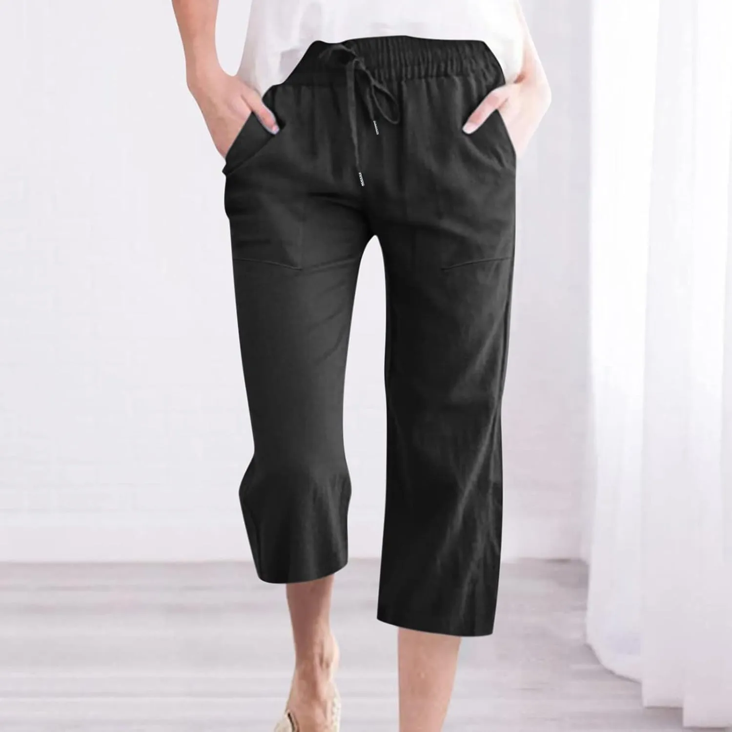Linen Capri Pants for Women 2025 Summer Casual Drawstring Elastic Trouser Plus Size Lounge Cozy Cropped Capris Pocket