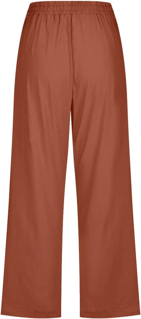Linen Capri Pants for Women Drawstring Elastic Waisted Pants Summer Casual Trousers Loose Cropped Pants with Pockets