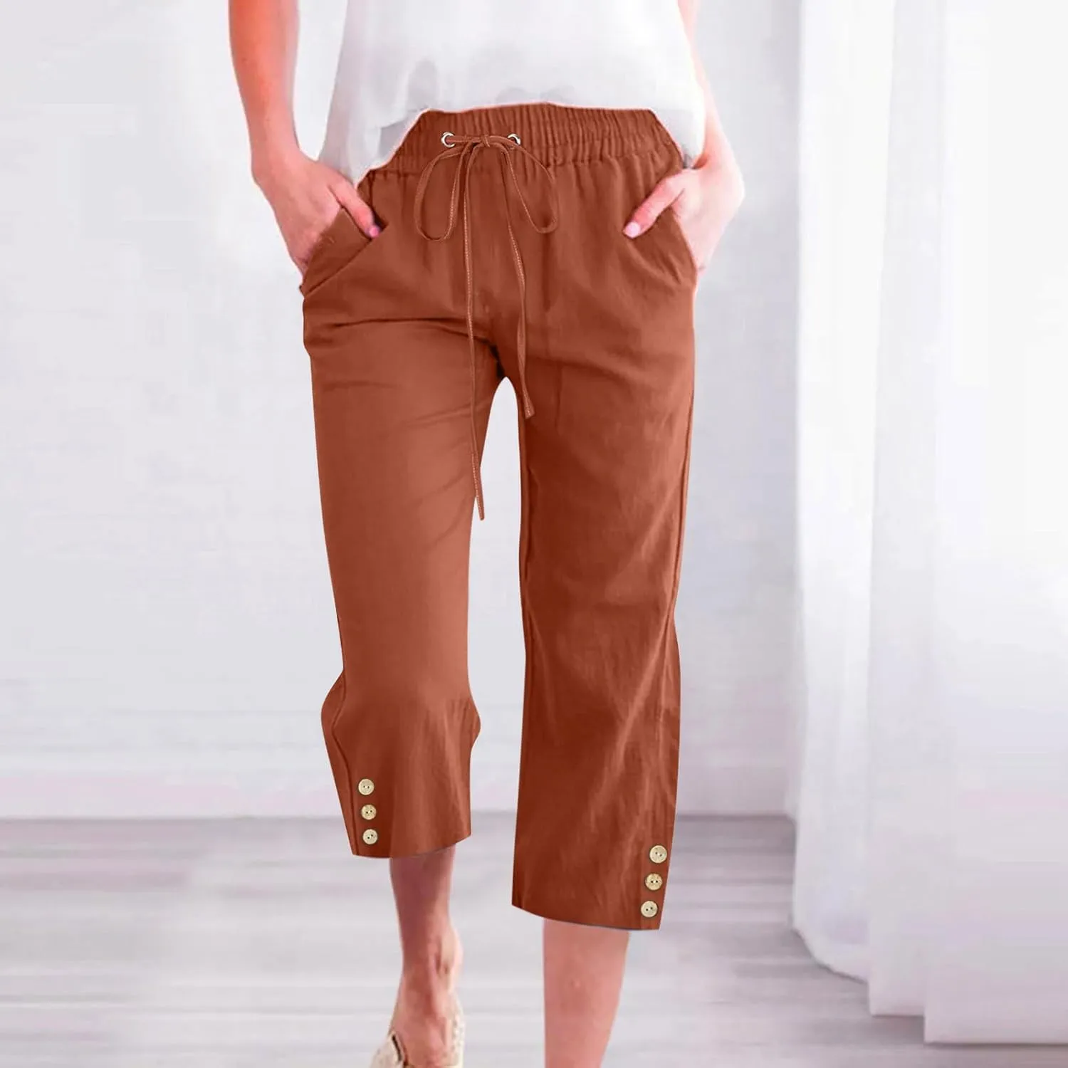 Linen Capri Pants for Women Drawstring Elastic Waisted Pants Summer Casual Trousers Loose Cropped Pants with Pockets