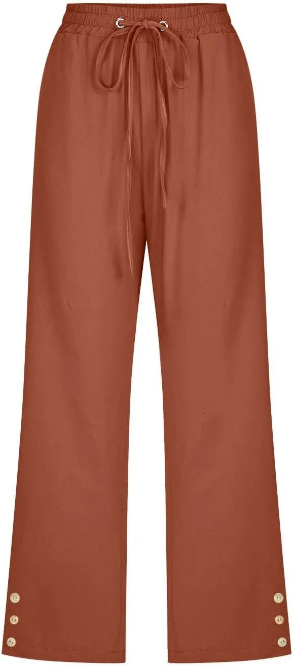 Linen Capri Pants for Women Drawstring Elastic Waisted Pants Summer Casual Trousers Loose Cropped Pants with Pockets