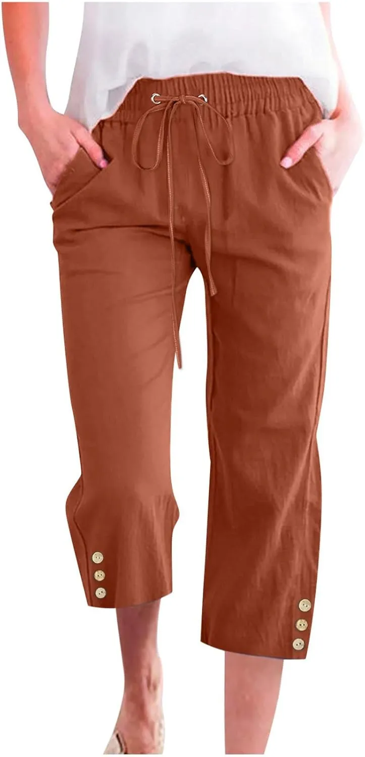 Linen Capri Pants for Women Drawstring Elastic Waisted Pants Summer Casual Trousers Loose Cropped Pants with Pockets
