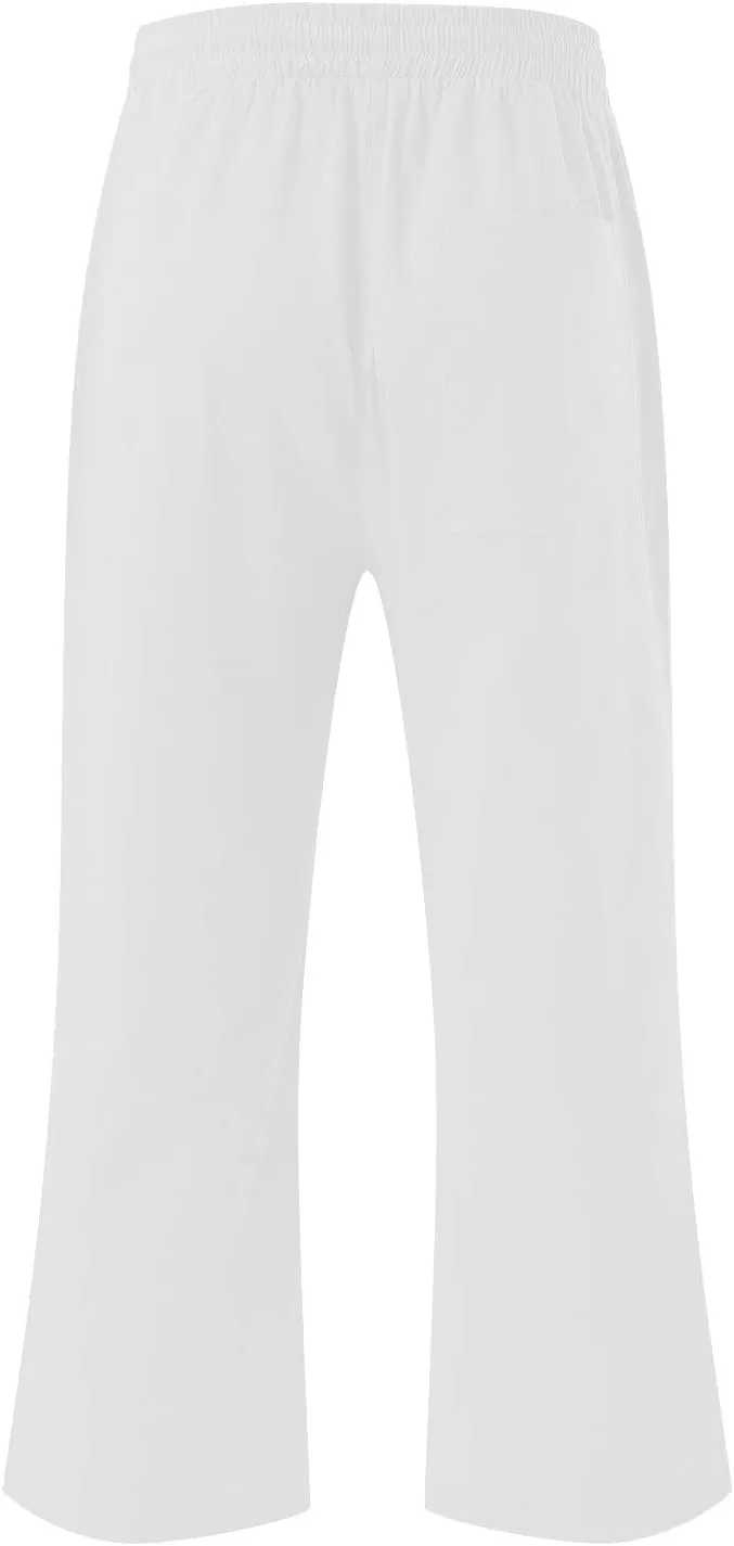 Linen Capri Pants for Women Summer Casual Wide Leg Beach Pants Elastic High Waist Drawstring Loose Cropped Trousers