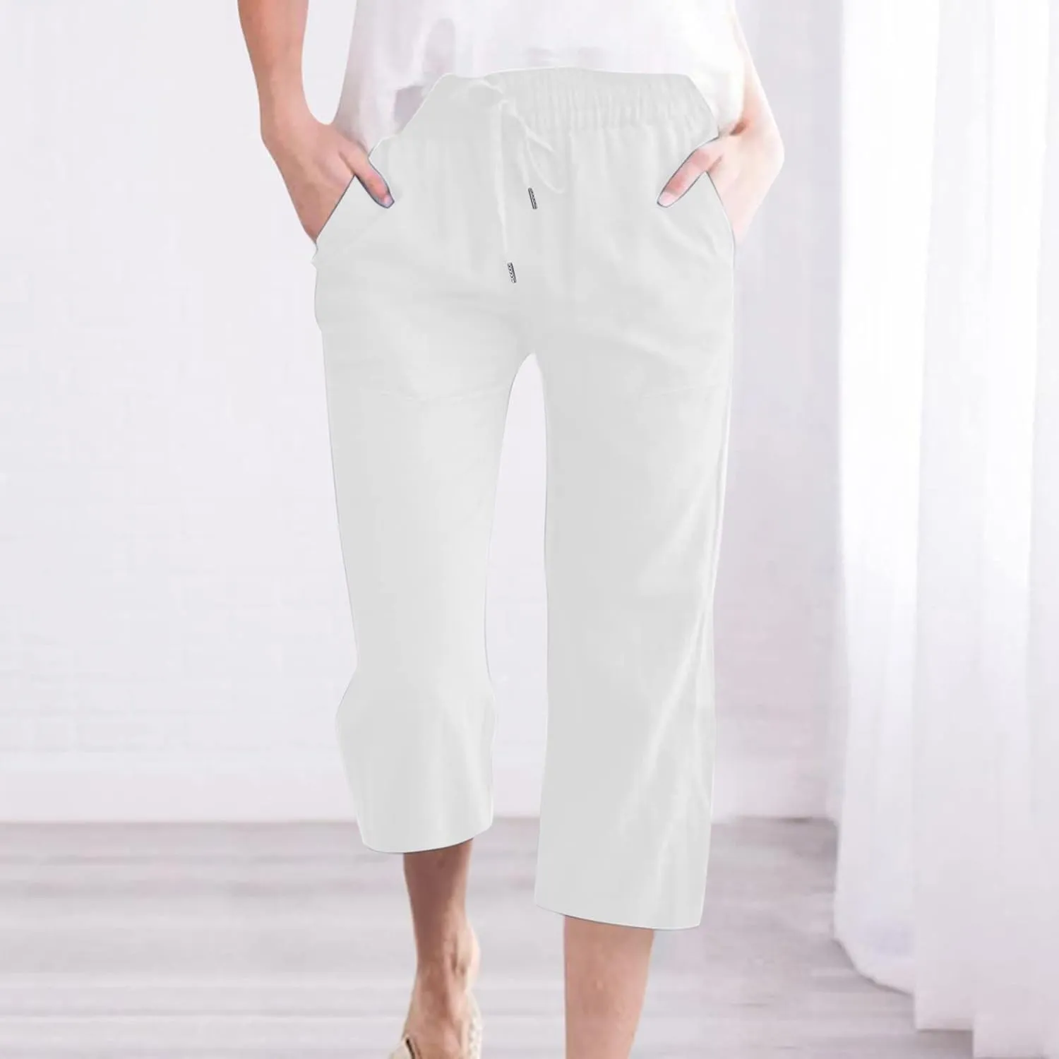 Linen Capri Pants for Women Summer Casual Wide Leg Beach Pants Elastic High Waist Drawstring Loose Cropped Trousers