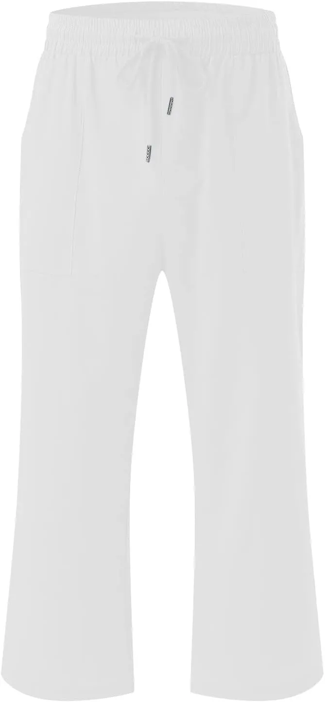 Linen Capri Pants for Women Summer Casual Wide Leg Beach Pants Elastic High Waist Drawstring Loose Cropped Trousers