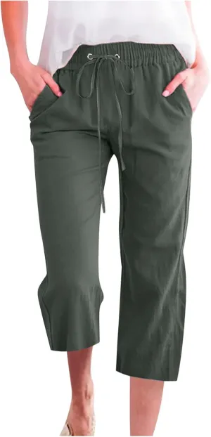 Linen Capri Pants for Women Summer Casual Wide Leg Beach Pants Elastic High Waist Drawstring Loose Cropped Trousers