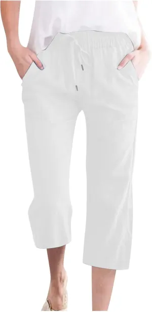Linen Capri Pants for Women Summer Casual Wide Leg Beach Pants Elastic High Waist Drawstring Loose Cropped Trousers