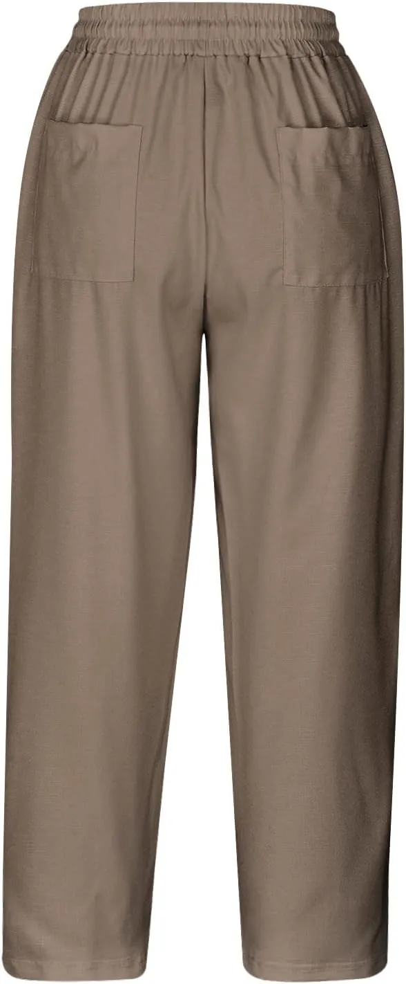Linen Capri Pants for Women Summer Comfy Wide Leg Pants with Pockets Beach Hight Waist Casual Trousers for Holiday