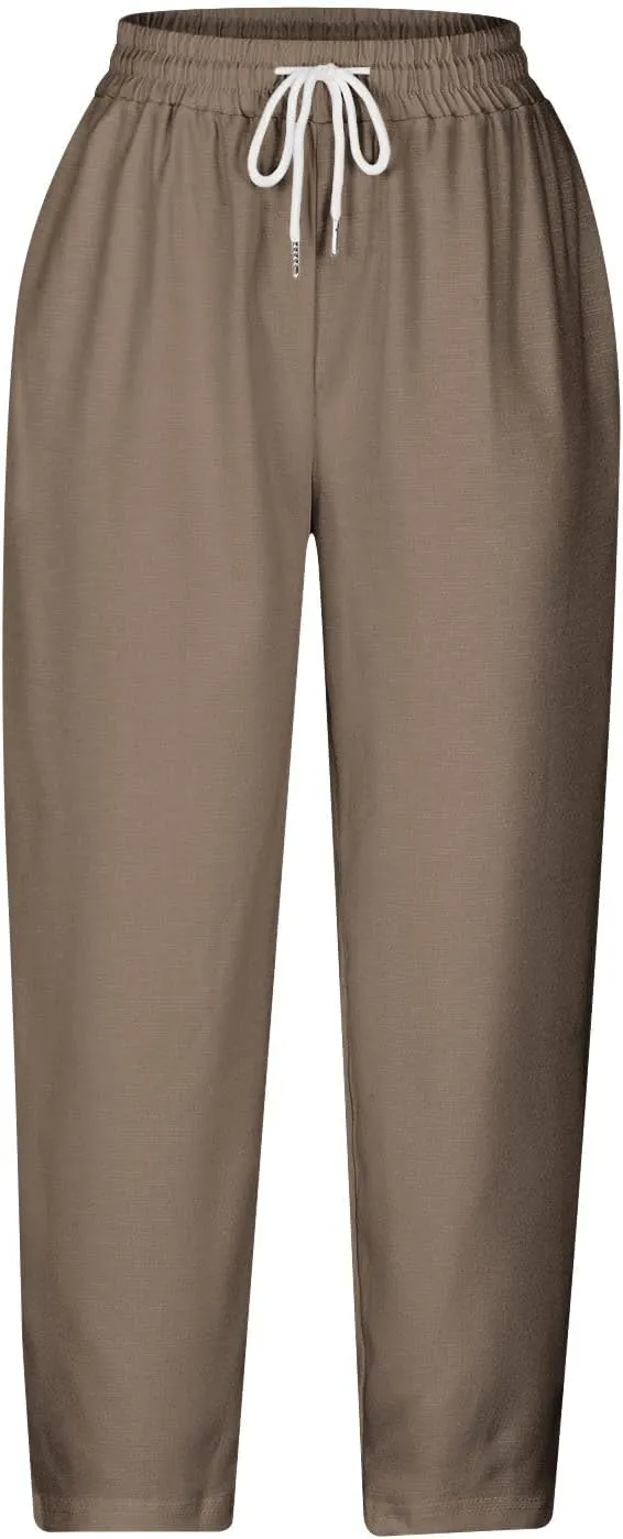 Linen Capri Pants for Women Summer Comfy Wide Leg Pants with Pockets Beach Hight Waist Casual Trousers for Holiday