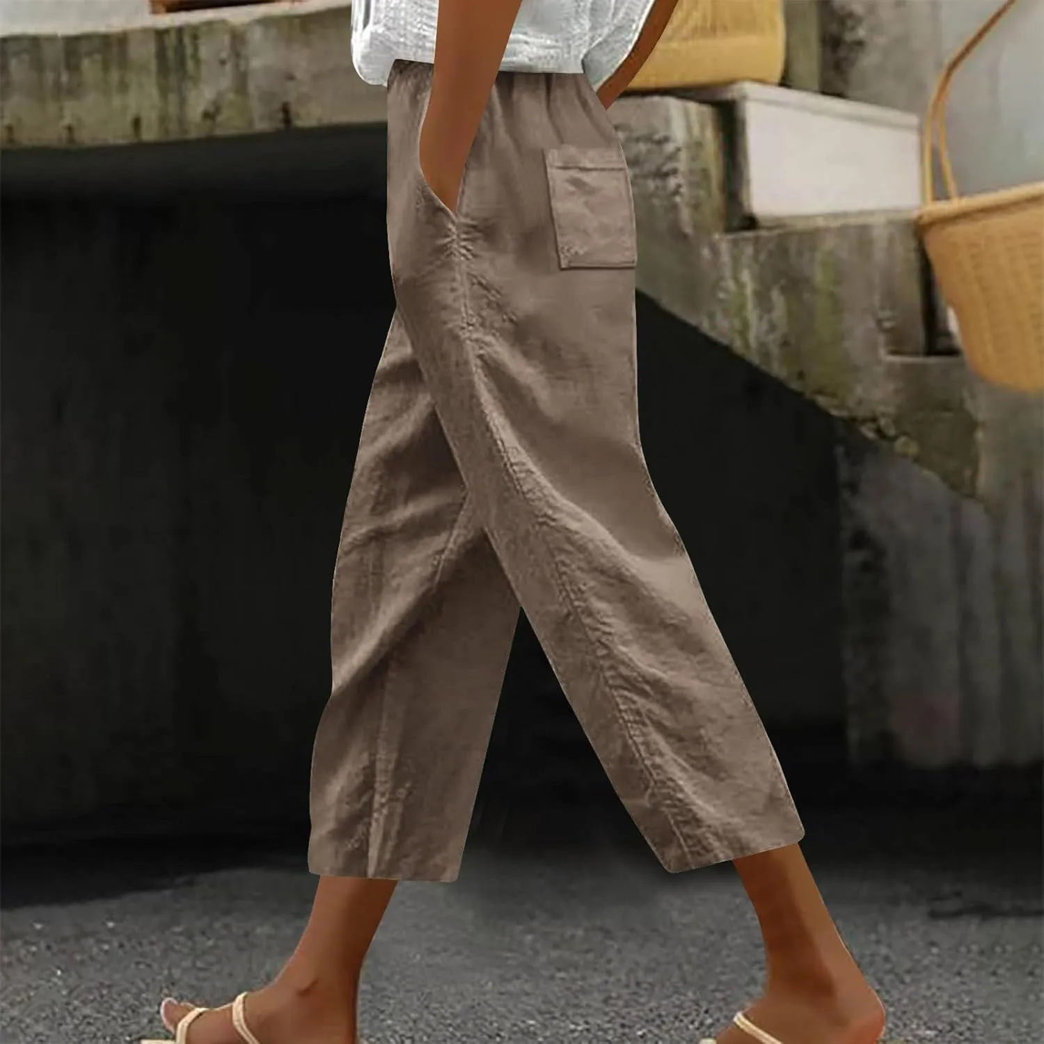 Linen Capri Pants for Women Summer Comfy Wide Leg Pants with Pockets Beach Hight Waist Casual Trousers for Holiday