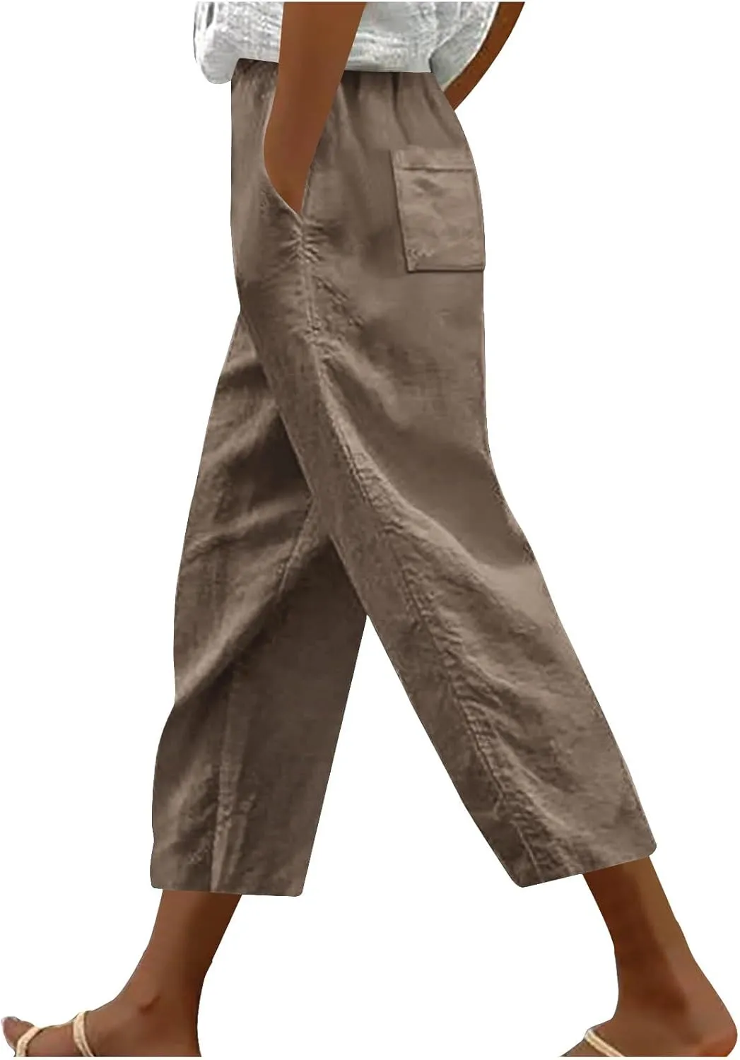 Linen Capri Pants for Women Summer Comfy Wide Leg Pants with Pockets Beach Hight Waist Casual Trousers for Holiday