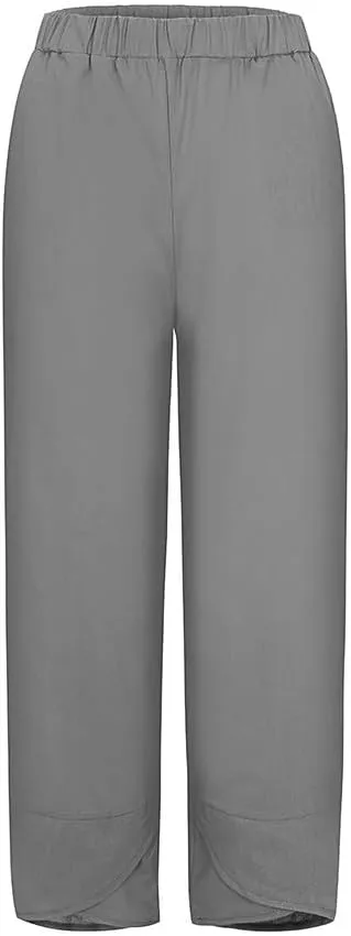 Linen Capris for Women Summer Pants Casual Pockets Cotton Linen Wide Leg Drawstring Elastic Waist Capris Crop Pants