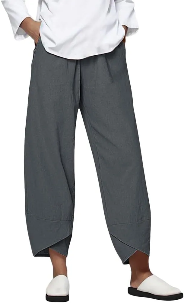 Linen Capris for Women Summer Pants Casual Pockets Cotton Linen Wide Leg Drawstring Elastic Waist Capris Crop Pants