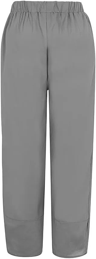 Linen Capris for Women Summer Pants Casual Pockets Cotton Linen Wide Leg Drawstring Elastic Waist Capris Crop Pants