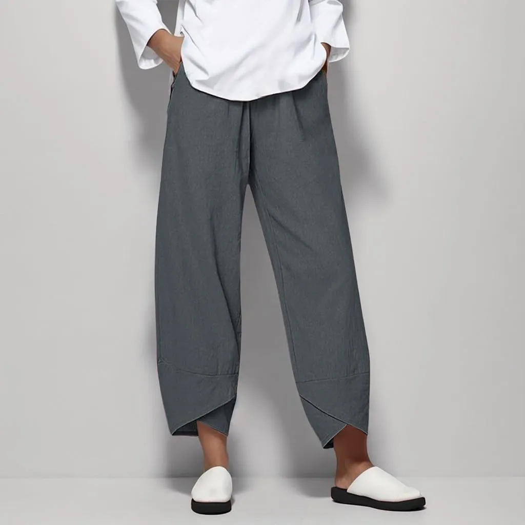 Linen Capris for Women Summer Pants Casual Pockets Cotton Linen Wide Leg Drawstring Elastic Waist Capris Crop Pants
